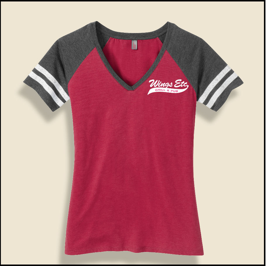 Heather Red & Heather Charcoal Ladies Wings Etc. V-Neck T-Shirt